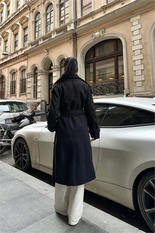 Kadın Siyah Kuşaklı Kruvaze Yaka Uzun Kaşe Kaban HSZ001 