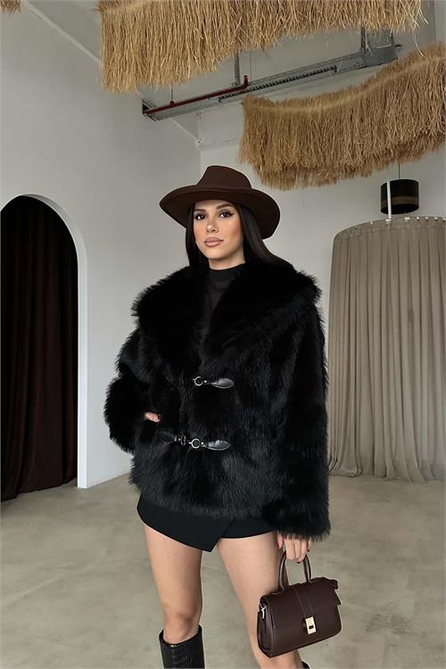 Siyah Astarlı Cepli Deri Bağlama Aksesuarlı Kürk Ceket HSZ022 