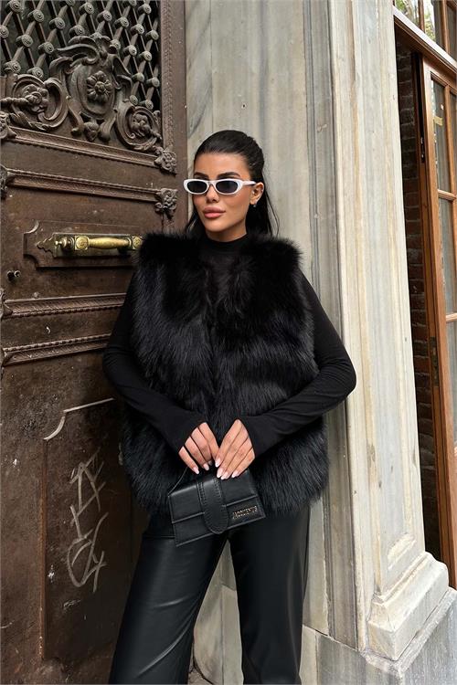 Kadın Siyah Astarlı Kolsuz Kürk Yelek HSZ009 