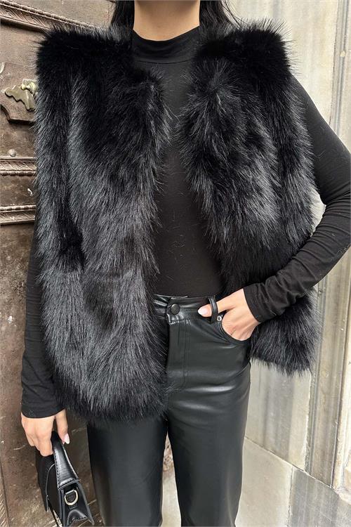 Kadın Siyah Astarlı Kolsuz Kürk Yelek HSZ009 