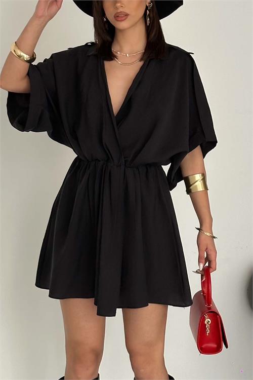 Kadın Siyah Modal Kumaş V Yaka Belden Büzgülü Apolet Detaylı Mini Elbise HSZ054 