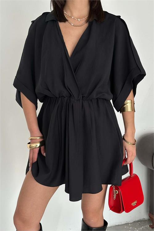 Kadın Siyah Modal Kumaş V Yaka Belden Büzgülü Apolet Detaylı Mini Elbise HSZ054 