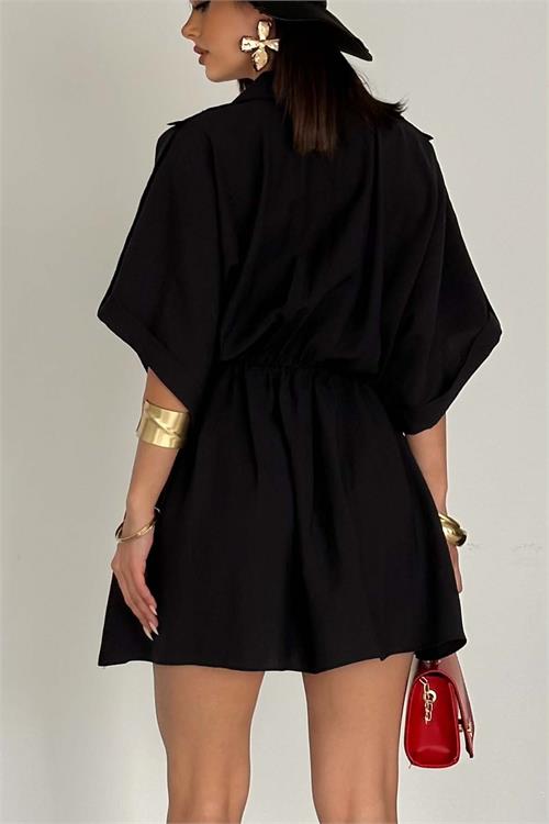 Kadın Siyah Modal Kumaş V Yaka Belden Büzgülü Apolet Detaylı Mini Elbise HSZ054 