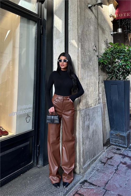 Kadın Kahverengi Yüksek Bel Bol Paça Deri Pantolon HSZ010 