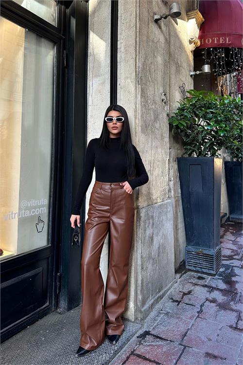 Kadın Kahverengi Yüksek Bel Bol Paça Deri Pantolon HSZ010 