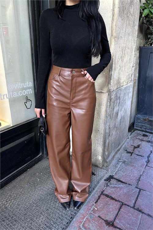 Kadın Kahverengi Yüksek Bel Bol Paça Deri Pantolon HSZ010 