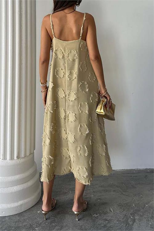 Kadın Vizon Askılı Keten Midi Elbise Salaş Kesim Yazlık Rahat Elbise HSZ050 