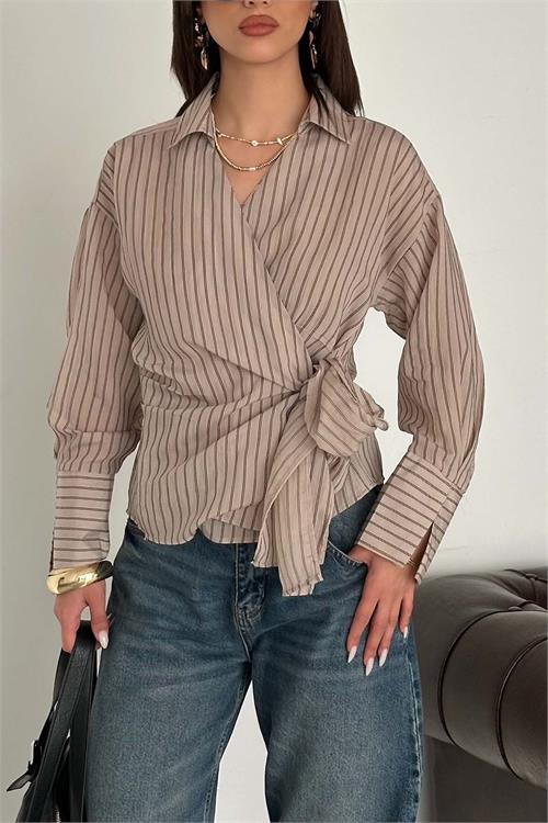 Kadın Vizon Çizgili Kruvaze Yandan Bağlamalı Gömlek HSZ055 