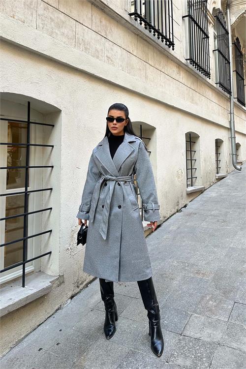 Kadın Açık Gri Kuşaklı Kruvaze Yaka Uzun Kaşe Kaban HSZ001 