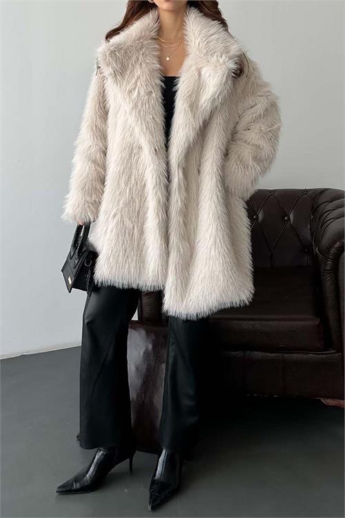 Kadın bej Astarlı Düğmeli Oversize Kürk Kaban HSZ002 