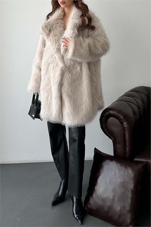 Kadın bej Astarlı Düğmeli Oversize Kürk Kaban HSZ002 