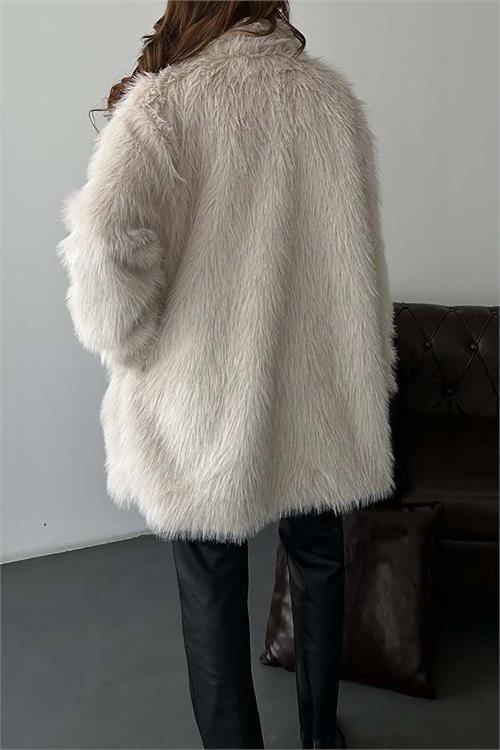 Kadın bej Astarlı Düğmeli Oversize Kürk Kaban HSZ002 