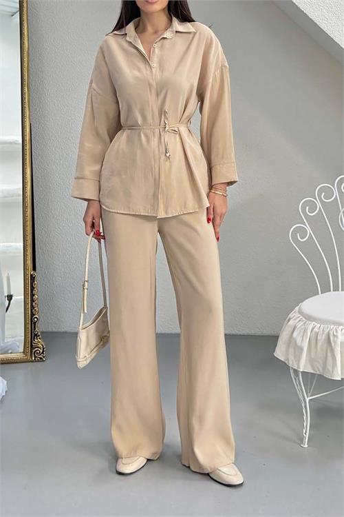 Kadın Bej Bel Bağlamalı Gömlek Pantolon Takım Cepli Lastikli HSZ041 
