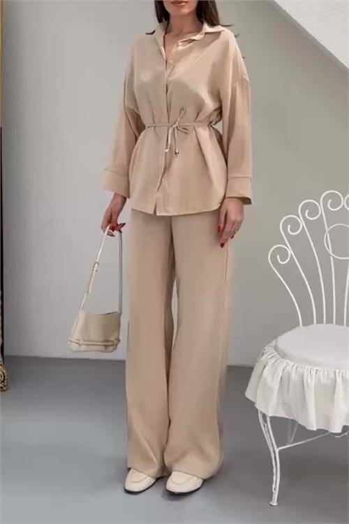 Kadın Bej Bel Bağlamalı Gömlek Pantolon Takım Cepli Lastikli HSZ041 