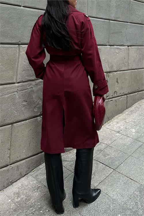 Kadın Bordo Kuşaklı Düğmeli Bondit Kumaş Su Gecirmez Trençkot HSZ028 
