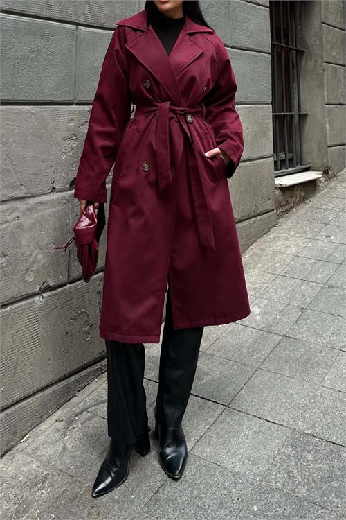 Kadın Bordo Kuşaklı Düğmeli Bondit Kumaş Su Gecirmez Trençkot HSZ028 