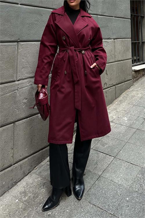 Kadın Bordo Kuşaklı Düğmeli Bondit Kumaş Su Gecirmez Trençkot HSZ028 