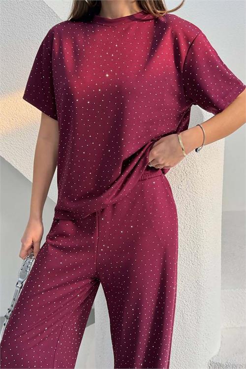 Kadın Bordo Taş Serpme Detaylı Tişört Pantolon Takım Cepli Rahat Kalıp HSZ042 