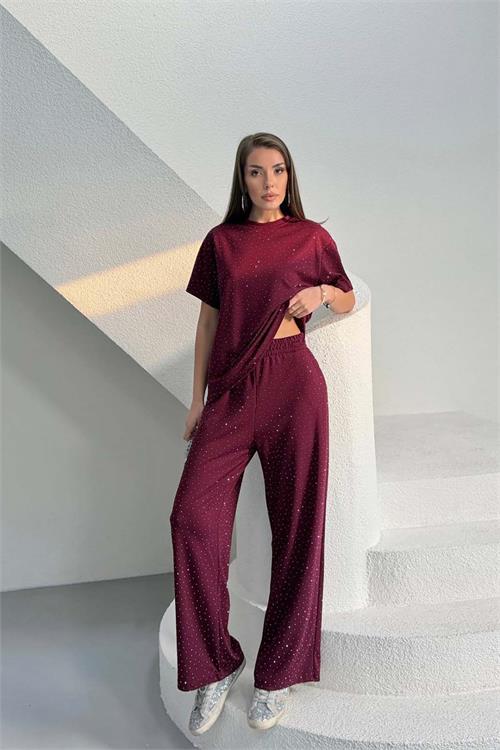 Kadın Bordo Taş Serpme Detaylı Tişört Pantolon Takım Cepli Rahat Kalıp HSZ042 
