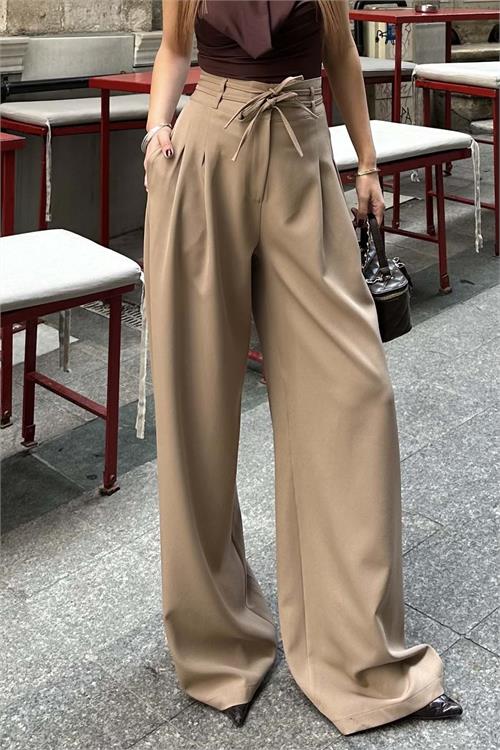 Kadin Camel On Baglamali Yuksek Bel Bol Paca Kumas Pantolon HSZ017 