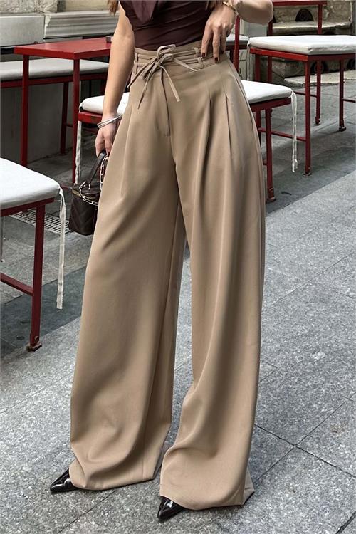 Kadin Camel On Baglamali Yuksek Bel Bol Paca Kumas Pantolon HSZ017 