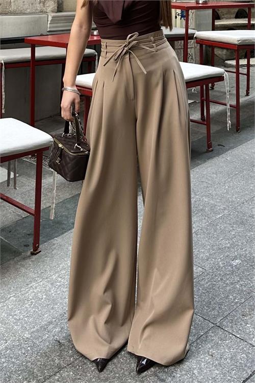 Kadin Camel On Baglamali Yuksek Bel Bol Paca Kumas Pantolon HSZ017 