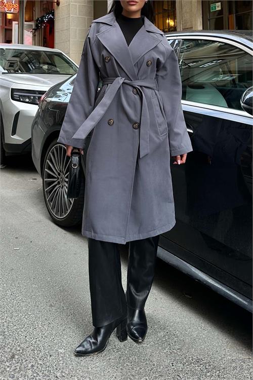 Kadin Gri Kuşaklı Düğmeli Bondit Kumaş Su Gecirmez Trençkot HSZ028 