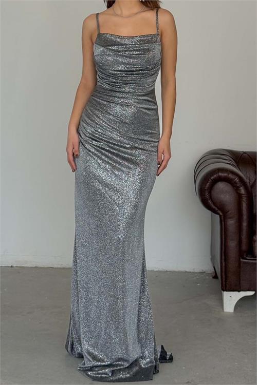 Kadın Gri Askılı Simli Likralı Örme Uzun Abiye Elbise Astarlı HSZ049 