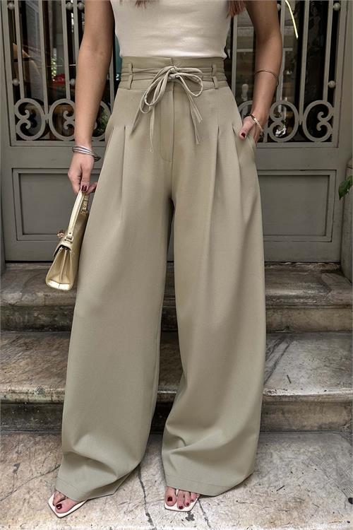 Kadin Haki On Baglamali Yuksek Bel Bol Paca Kumas Pantolon HSZ017 