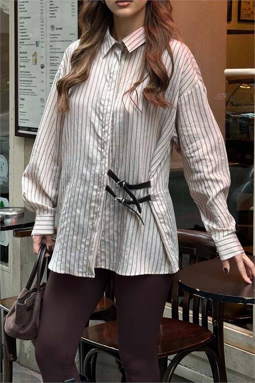 Kadın Vizon Çizgili Oversize Düğmeli Yan Deri Bağlama Gömlek HSZ056 