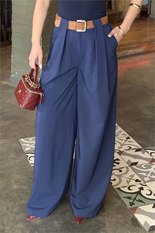 Kadın Lacivert Modal Kumaş Yüksek Bel Kemer Detaylı Bol Paça Pantolon HSZ060 