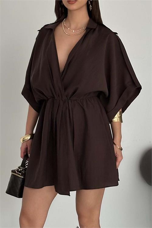 Kadın Kahverengi Modal Kumaş V Yaka Belden Büzgülü Apolet Detaylı Mini Elbise HSZ054 