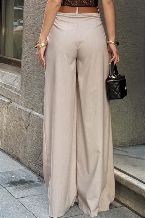 Kadın Vizon Modal Kumaş Yüksek Bel Kemer Detaylı Bol Paça Pantolon HSZ060 