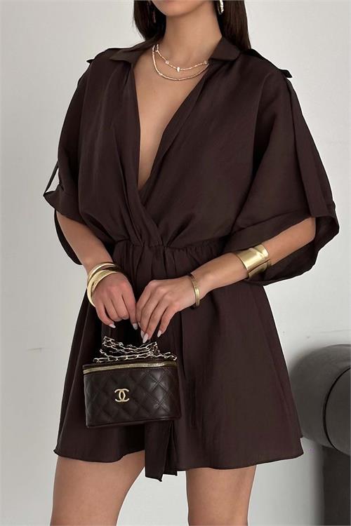 Kadın Kahverengi Modal Kumaş V Yaka Belden Büzgülü Apolet Detaylı Mini Elbise HSZ054 