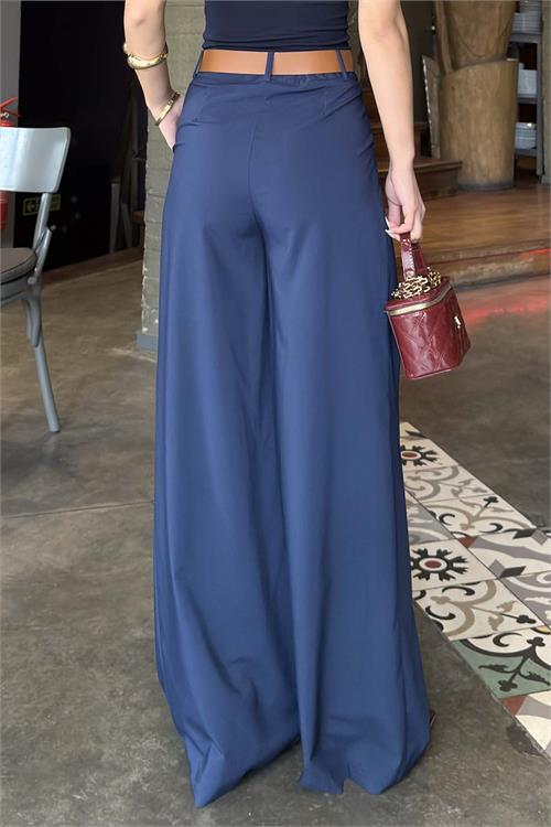 Kadın Lacivert Modal Kumaş Yüksek Bel Kemer Detaylı Bol Paça Pantolon HSZ060 