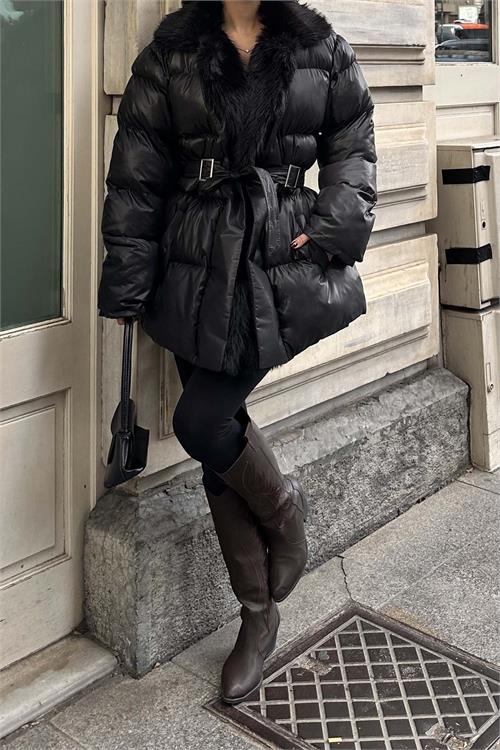 Kadın kürk yaka şişme mont kemerli kışlık şık tasarım HSZ033 