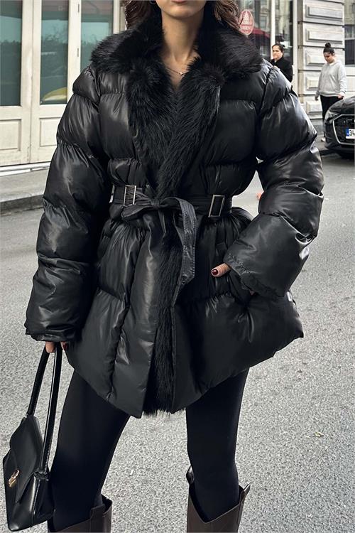 Kadın kürk yaka şişme mont kemerli kışlık şık tasarım HSZ033 