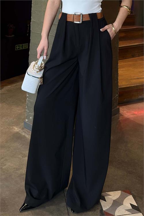 Kadın Siyah Modal Kumaş Yüksek Bel Kemer Detaylı Bol Paça Pantolon HSZ060 