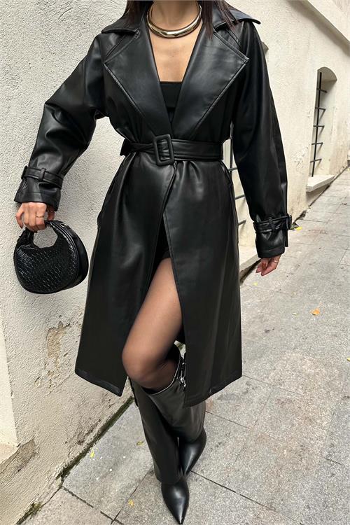 Kadın Siyah Deri Trençkot Kemer Aksesuarlı | Şık & Modern HSZ029 