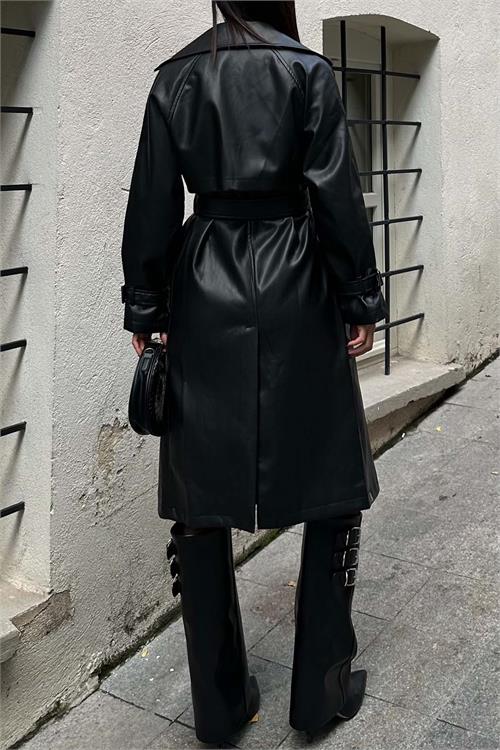 Kadın Siyah Deri Trençkot Kemer Aksesuarlı | Şık & Modern HSZ029 