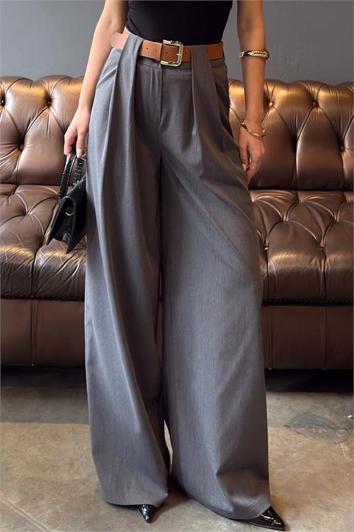 Kadın Gri Modal Kumaş Yüksek Bel Kemer Detaylı Bol Paça Pantolon HSZ060 