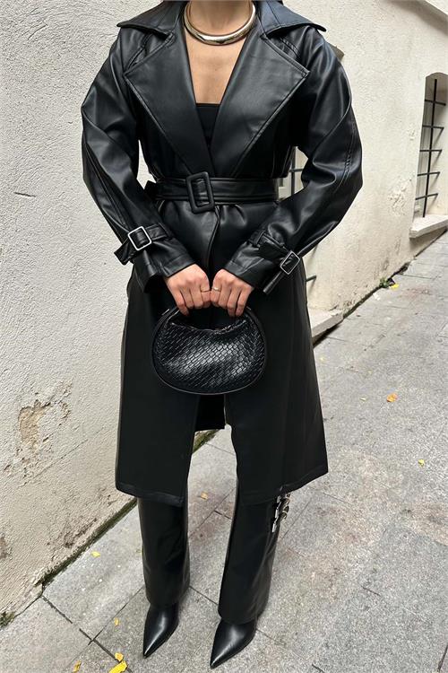 Kadın Siyah Deri Trençkot Kemer Aksesuarlı | Şık & Modern HSZ029 