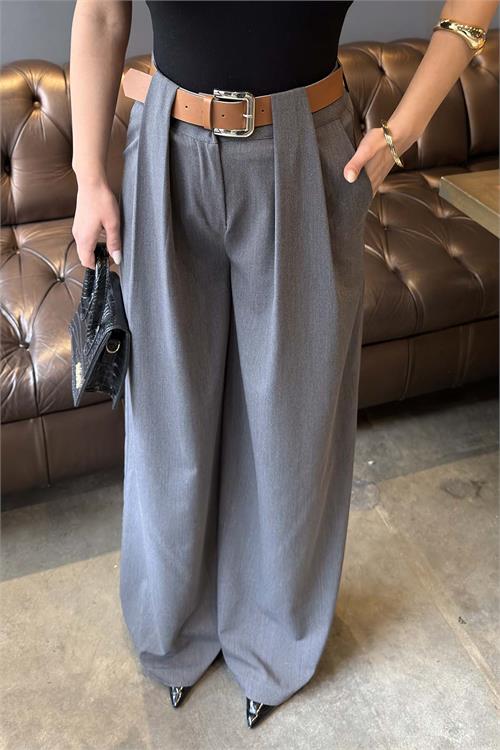 Kadın Gri Modal Kumaş Yüksek Bel Kemer Detaylı Bol Paça Pantolon HSZ060 