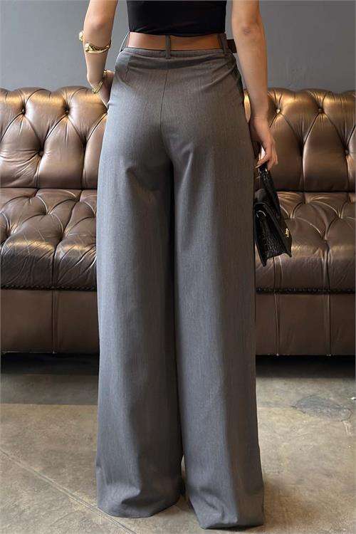 Kadın Gri Modal Kumaş Yüksek Bel Kemer Detaylı Bol Paça Pantolon HSZ060 