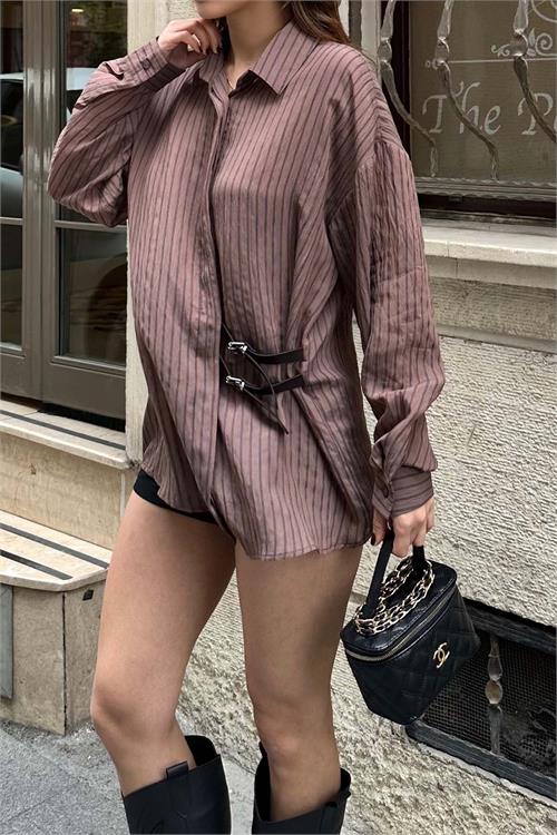 Kadın Kahverengi Çizgili Oversize Düğmeli Yan Deri Bağlama Gömlek HSZ056 
