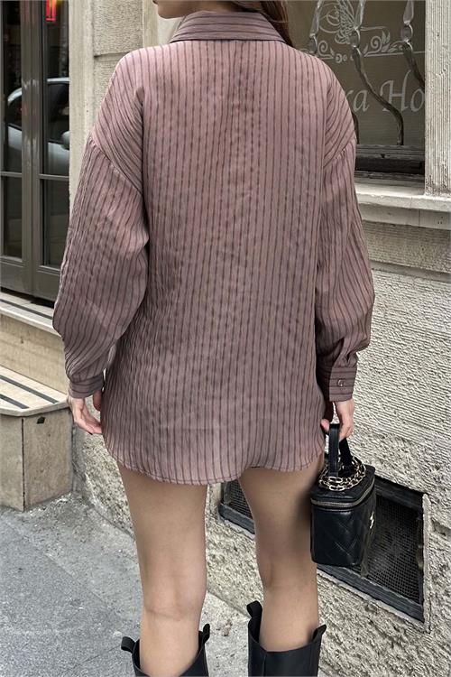 Kadın Kahverengi Çizgili Oversize Düğmeli Yan Deri Bağlama Gömlek HSZ056 