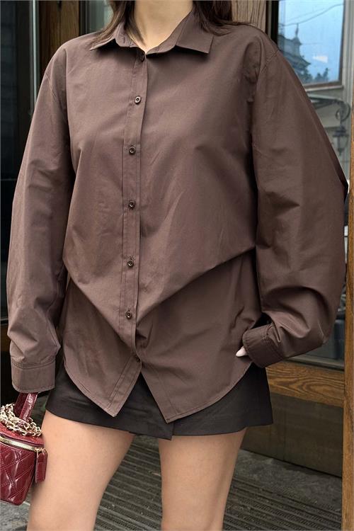 Kadın Kahverengi Oversize Gömlek Düğmeli Uzun Kollu Şık Kesim HSZ059 