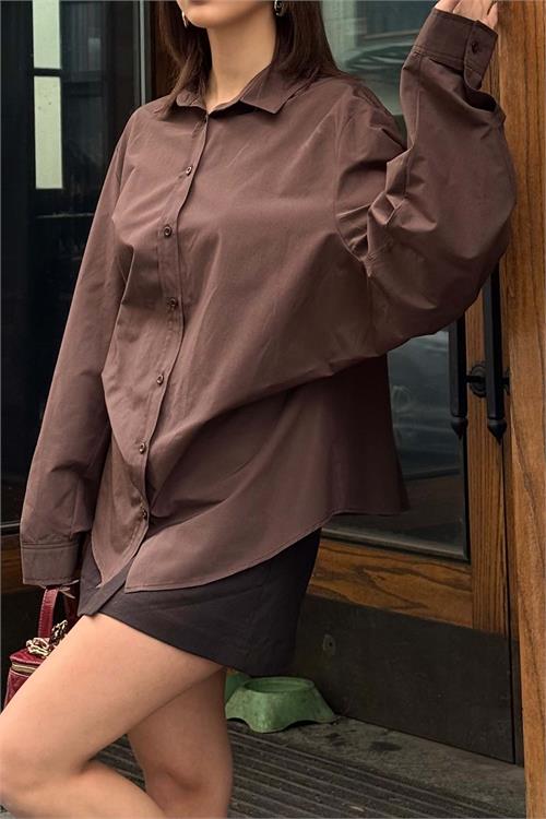 Kadın Kahverengi Oversize Gömlek Düğmeli Uzun Kollu Şık Kesim HSZ059 