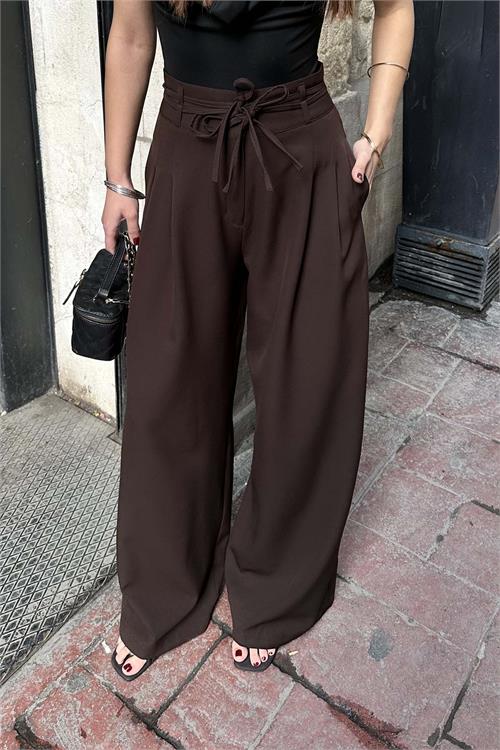 Kadin Kahve On Baglamali Yuksek Bel Bol Paca Kumas Pantolon HSZ017 
