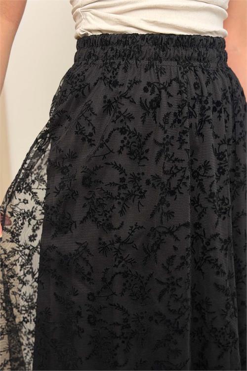 Kadın Siyah Tül Midi Etek Astarlı Beli Lastikli Şık Etek HSZ063 